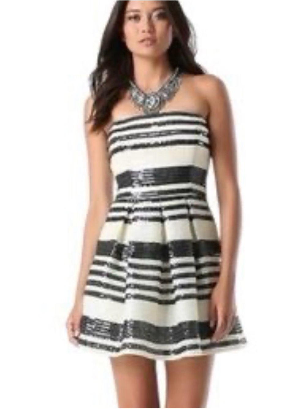 bebe Black and White Strapless Sequin Stripe Fit & Flare Dress